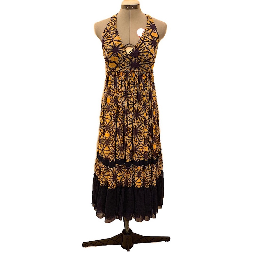 Yellow and Blue Printed Halter Dress